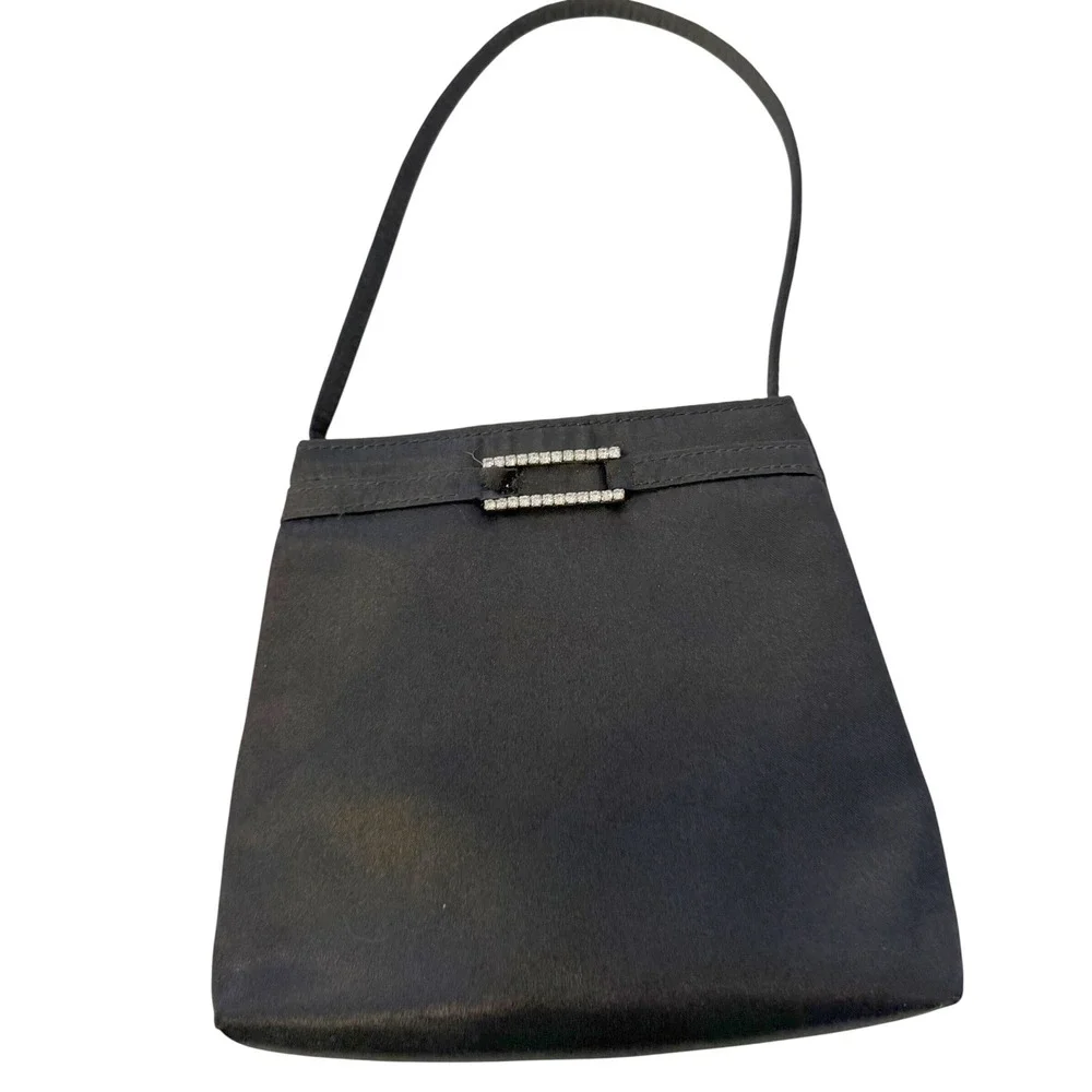 Gunne Sax Y2K Style Black Satin Evening Bag Rhinestone Buckle Mini